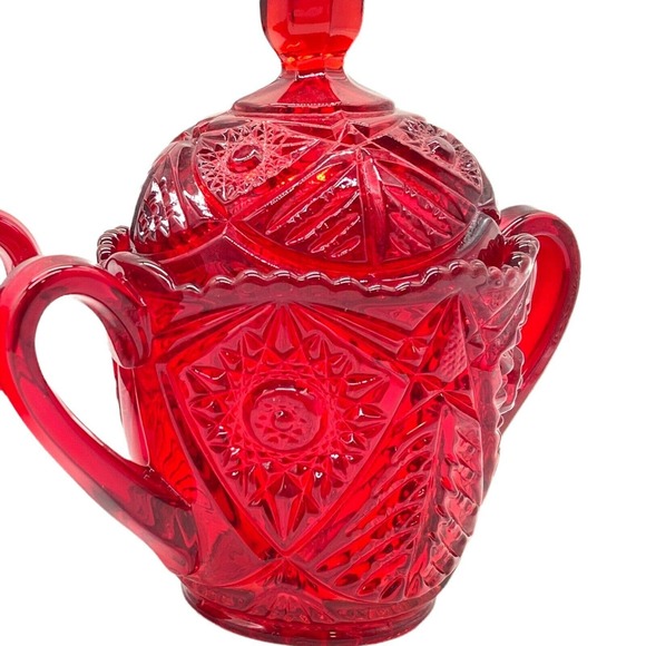 Vintage Red EAPG Glass Creamer and Sugar Bowl with Lid Deep Cut Design estate - Picture 2 of 9